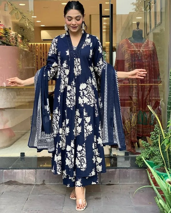 Royal Blue Cotton Printed Kurta Pant Dupatta Set