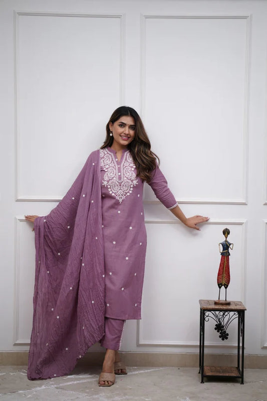 Women Cotton Printed Kurta ,Pant And Dupatta Set (Pink)