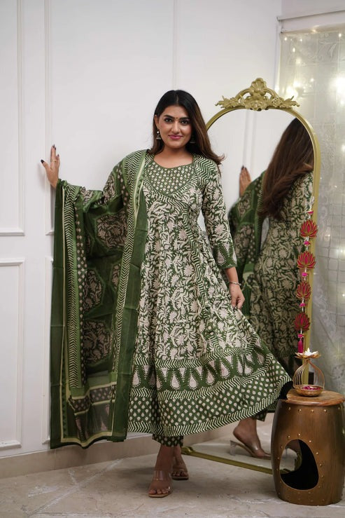 Anarkali Kurta Set With Angrakha Style For Women(Green)