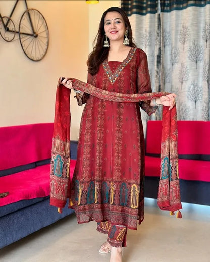 Red Premium Chiffon Digital Printed Anarkali Set With Handwork