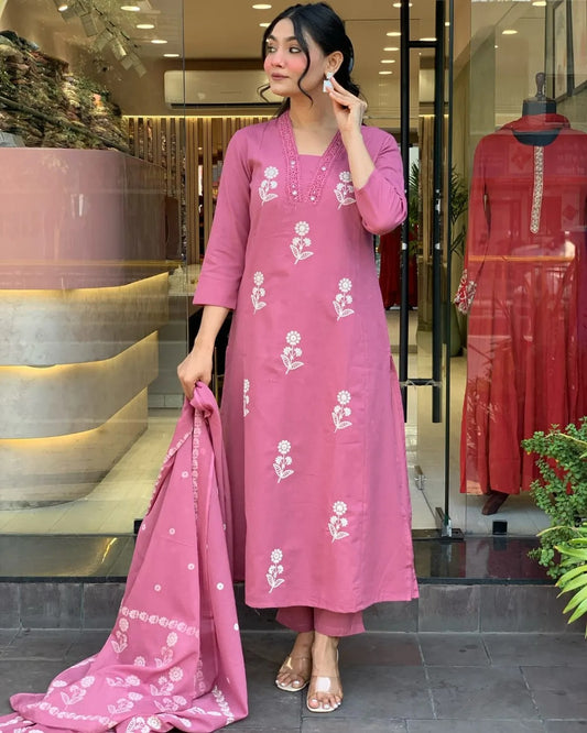Pure Cotton Fabric Kurti Pant With Malmal Dupatta(Pink)