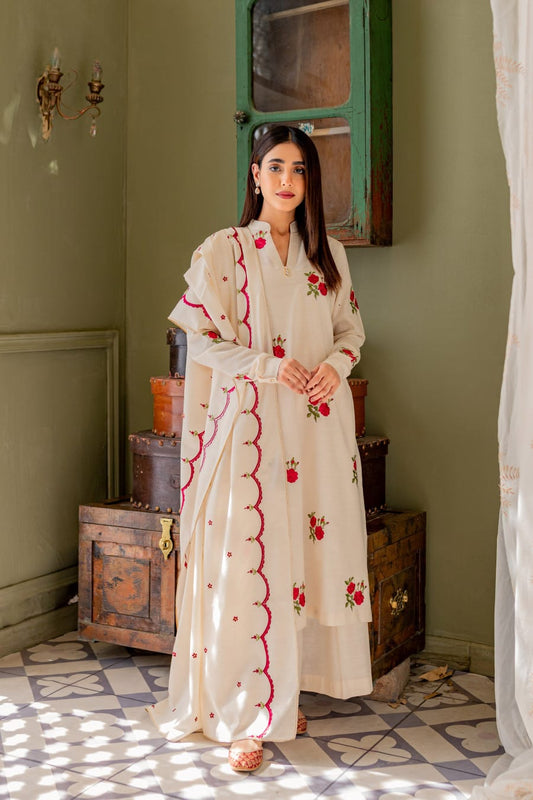 Cream Women Cotton Blend Kurta And Palazzo With Dupatta Set