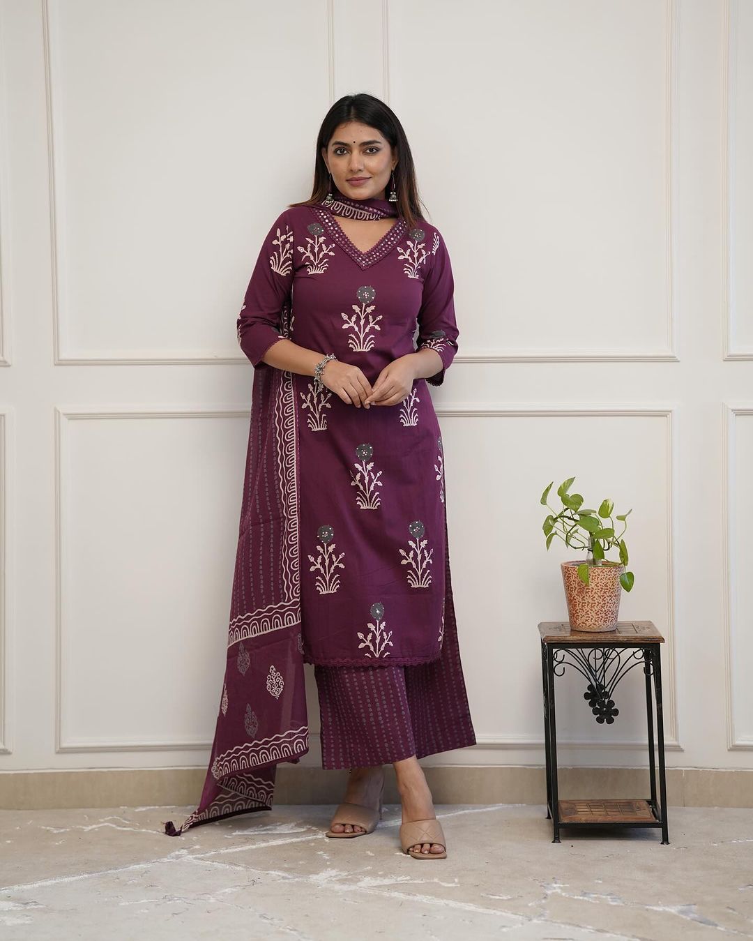 Women Pure Cotton Printed Kurta Palazzo And Dupatta Set