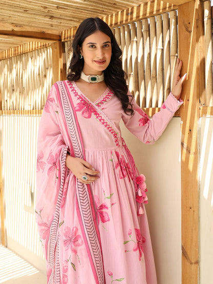 Anarkali Kurta Set With Angrakha Style For Women(PINK)