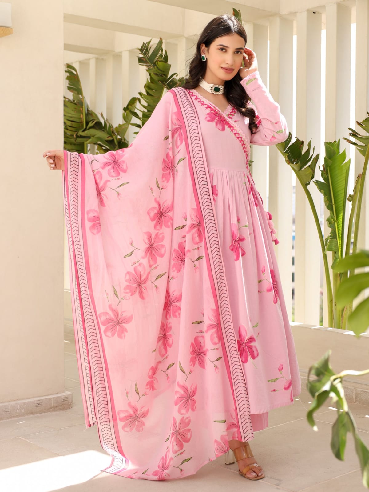 Anarkali Kurta Set With Angrakha Style For Women(PINK)