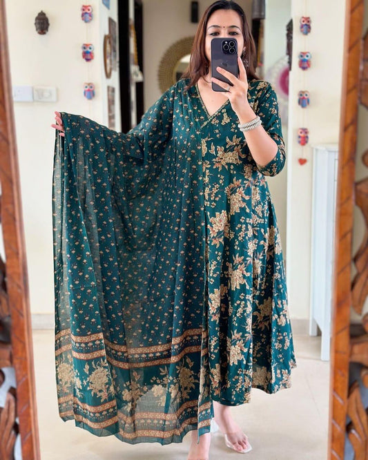 Anarkali Kurta Set With Angrakha Style For Women(Green)