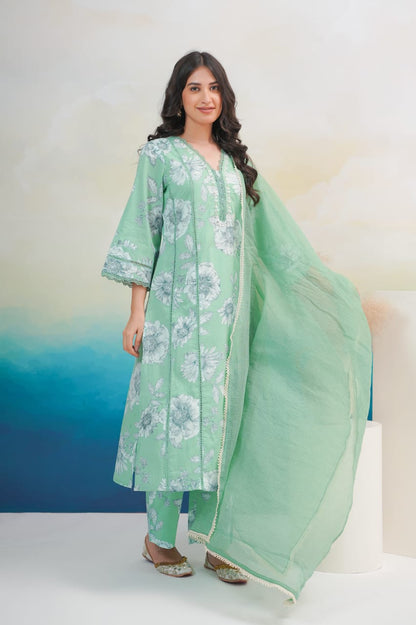 Women Cotton Printed Kurta ,Pant And Dupatta Set