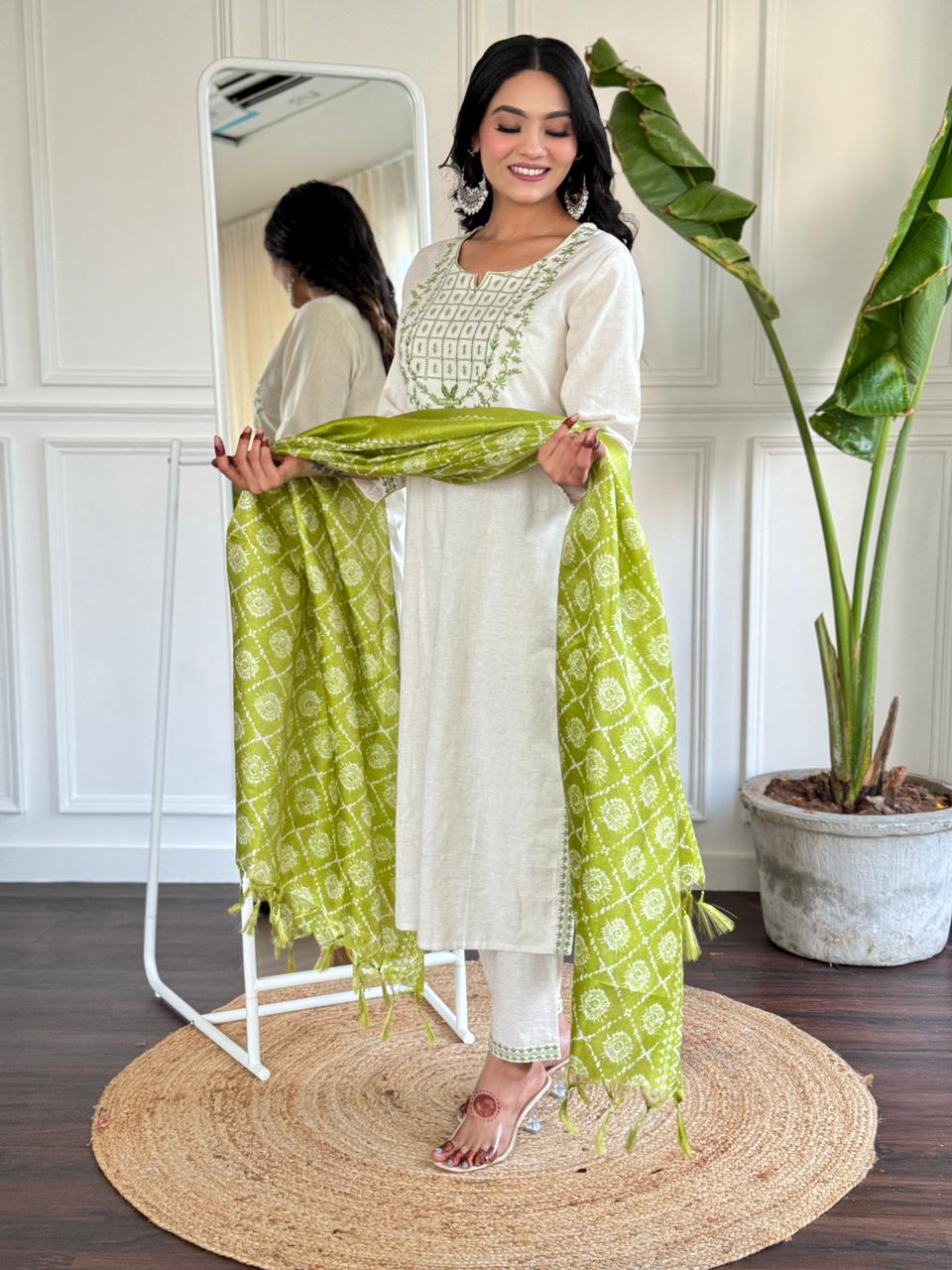 Khadi Cotton Embroidered kurta with Pant & Silk Dupatta Set For Women