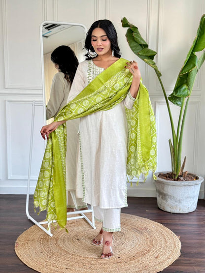 Khadi Cotton Embroidered kurta with Pant & Silk Dupatta Set For Women