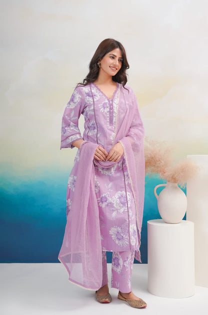 Women Cotton Printed Kurta ,Pant And Dupatta Set