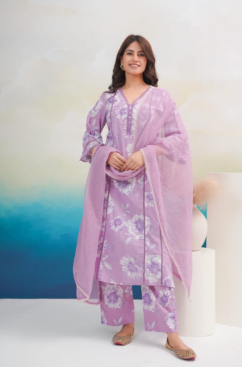 Women Cotton Printed Kurta ,Pant And Dupatta Set