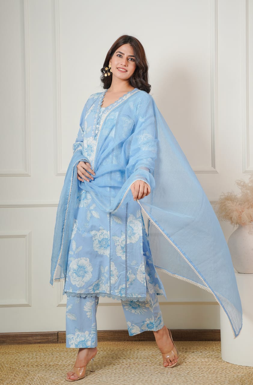 Women Cotton Printed Kurta ,Pant And Dupatta Set (SKY BLUE)