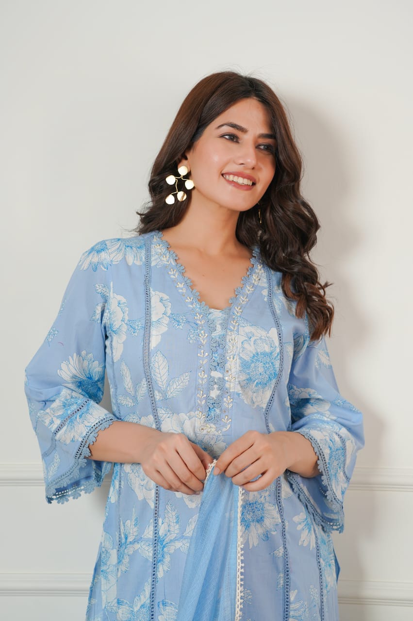 Women Cotton Printed Kurta ,Pant And Dupatta Set (SKY BLUE)