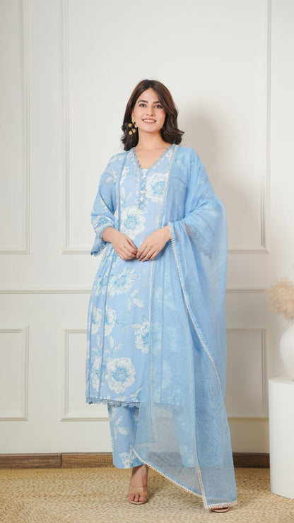 Women Cotton Printed Kurta ,Pant And Dupatta Set (SKY BLUE)