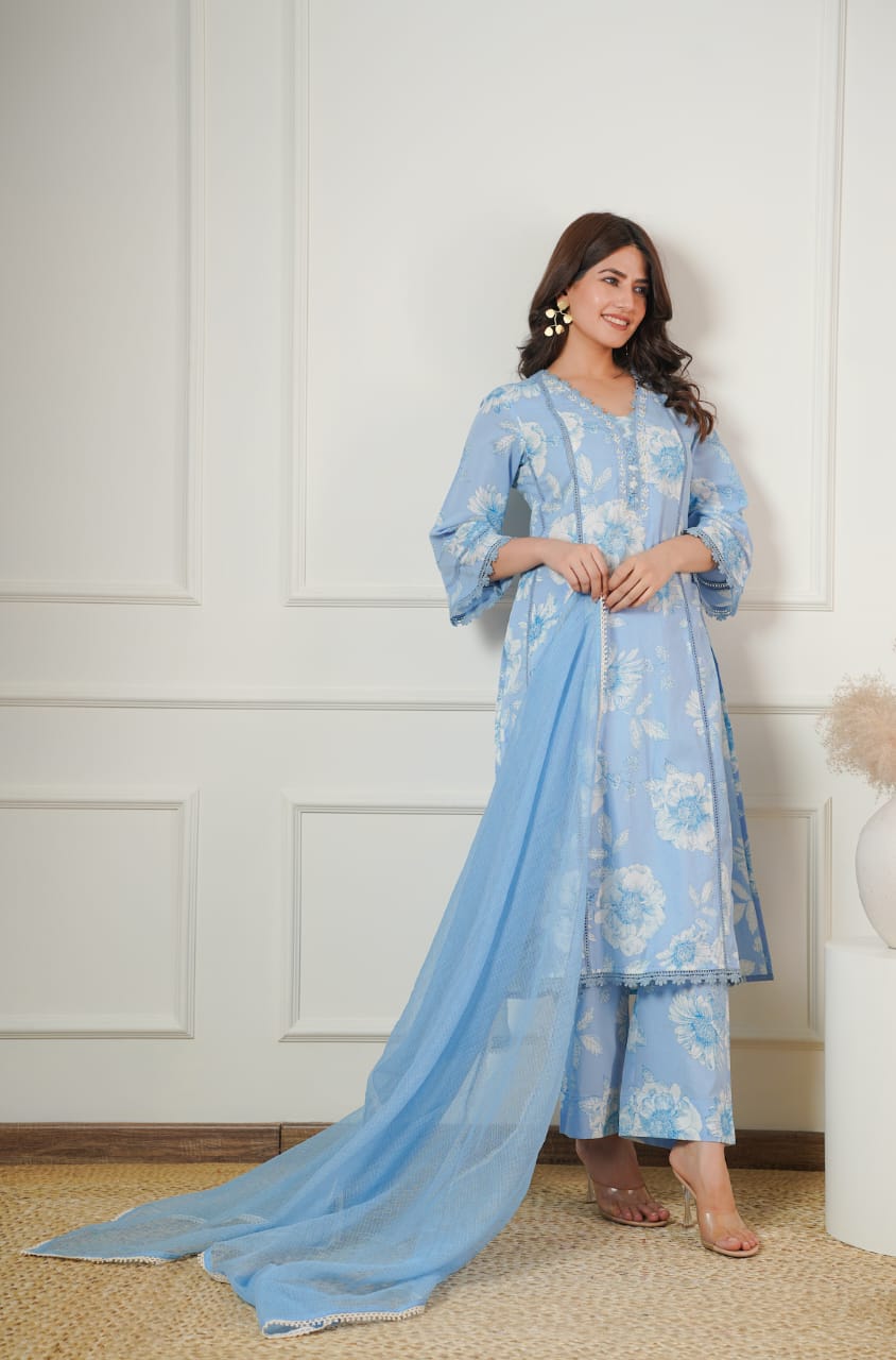 Women Cotton Printed Kurta ,Pant And Dupatta Set (SKY BLUE)