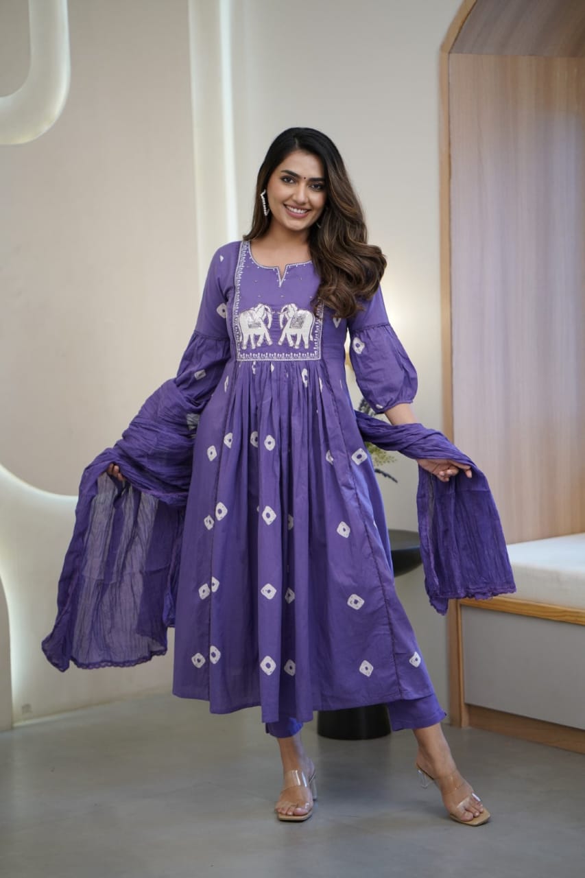 Pruple Cotton Flared Women Suit