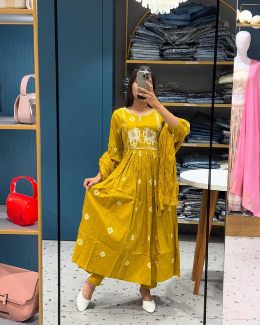 Yellow Cotton Flared Women Suit