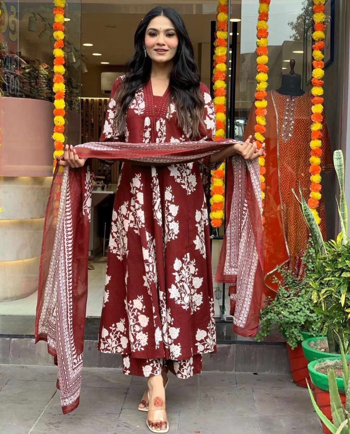 Royal Maroon Cotton Printed Kurta Pant Dupatta Set