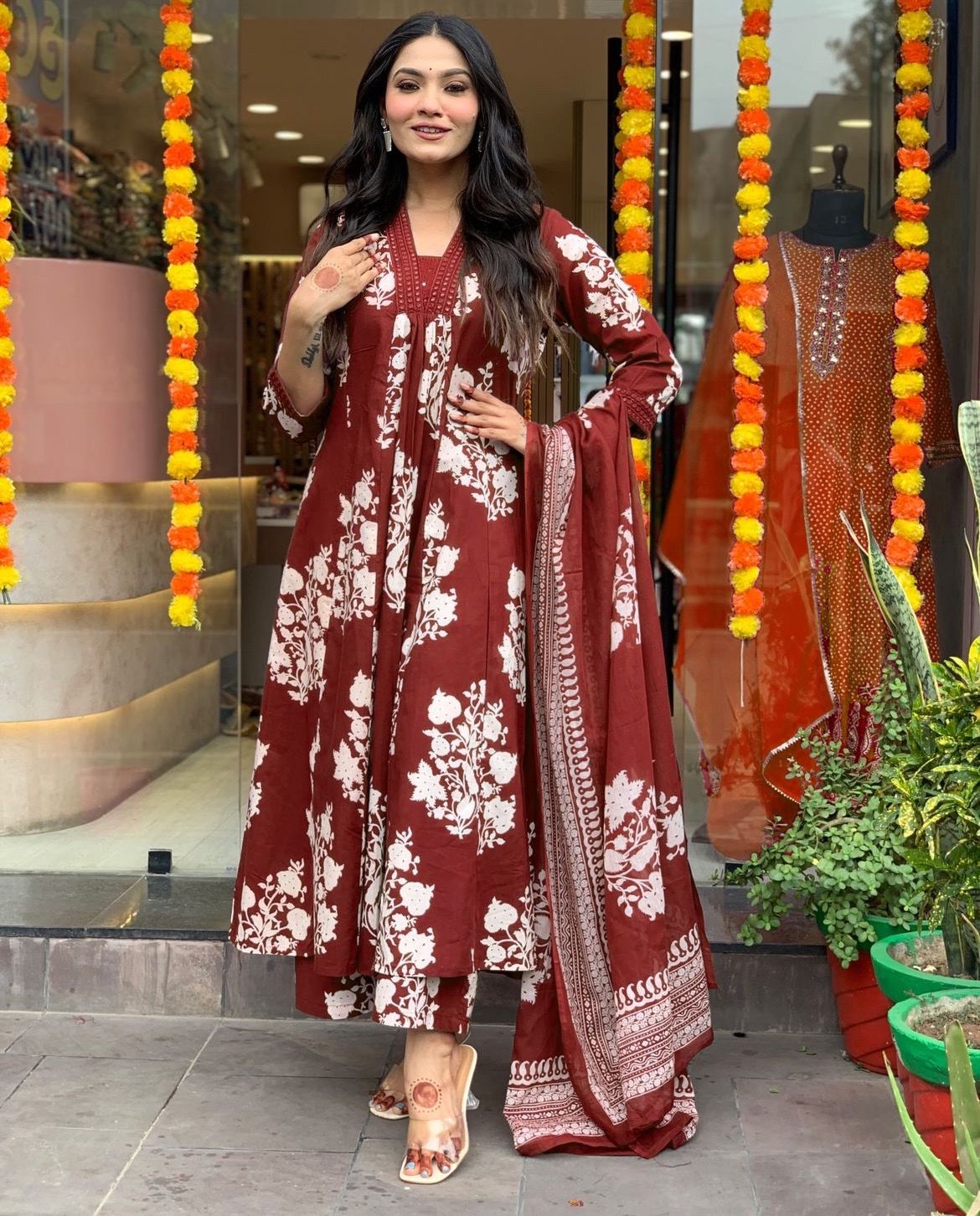 Royal Maroon Cotton Printed Kurta Pant Dupatta Set