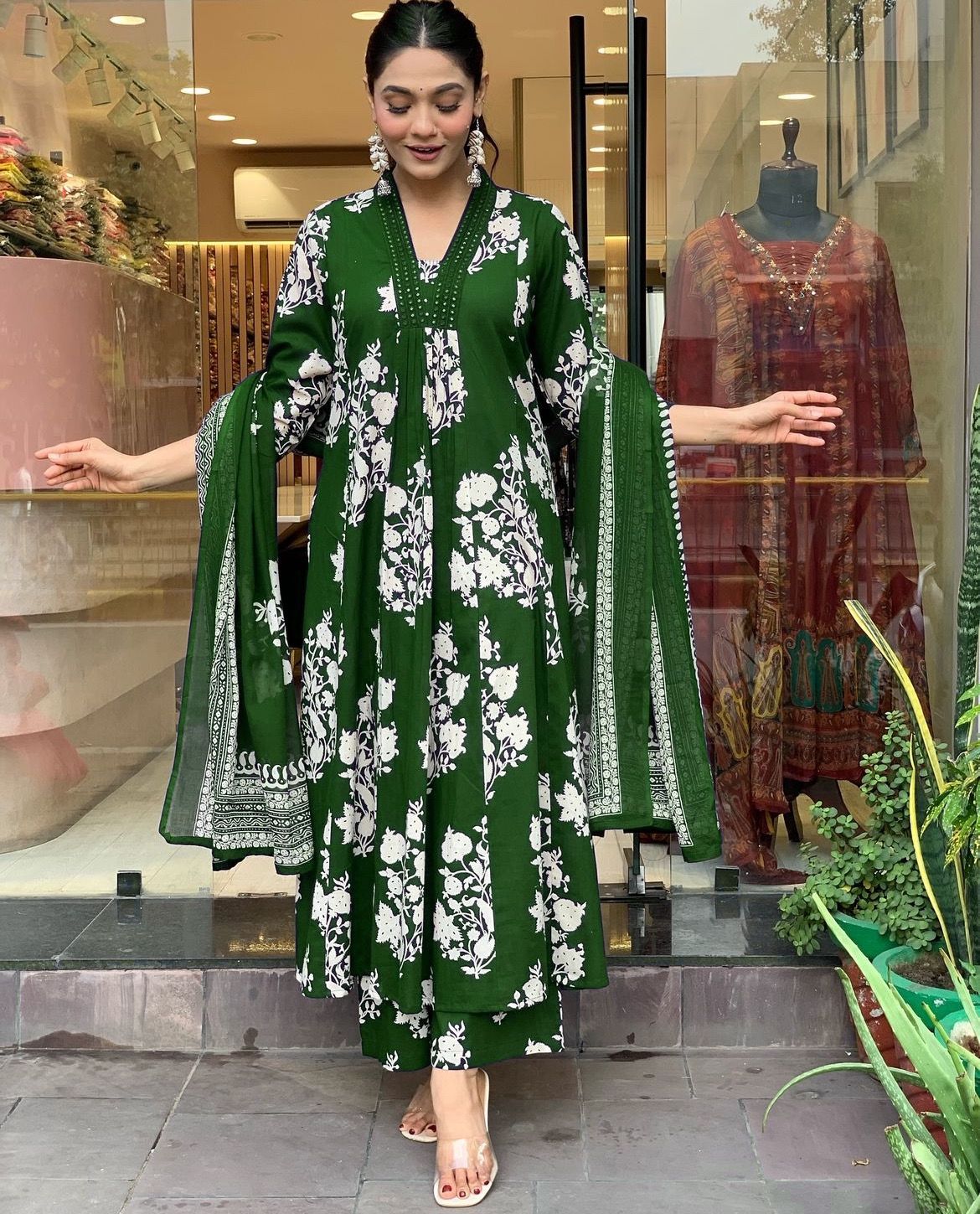 Royal Dark Green Cotton Printed Kurta Pant Dupatta Set