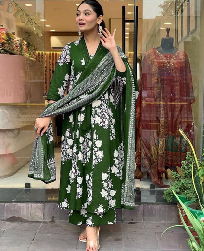 Royal Dark Green Cotton Printed Kurta Pant Dupatta Set