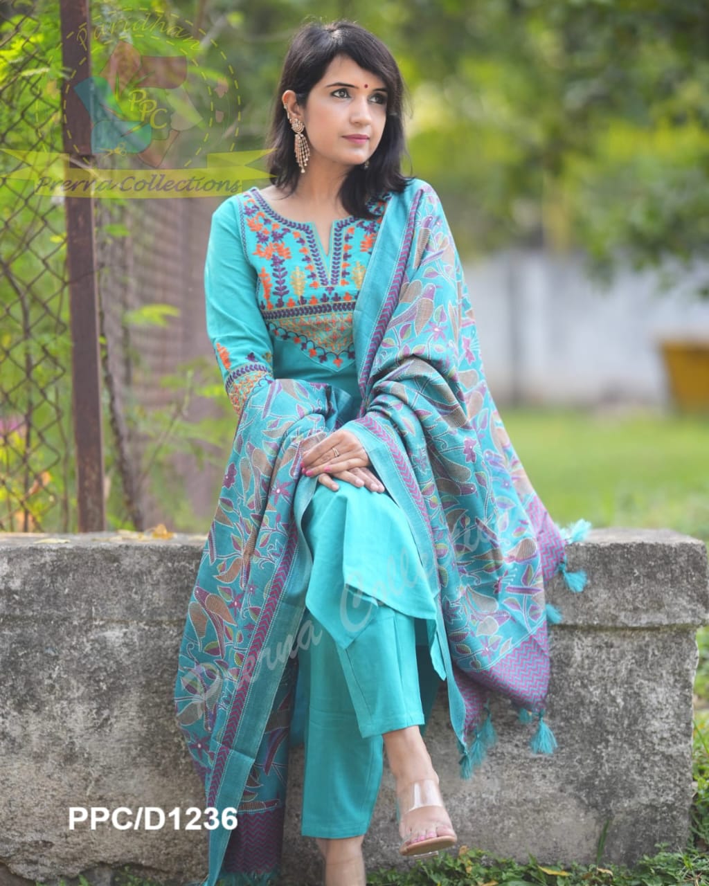 Raama Green Classy Aari Embroidery Work Cotton Kurta and Pant
