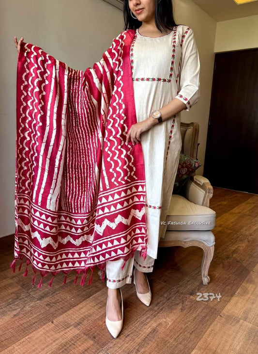 Off-White Khadi Cotton Kurta With Bottom with Khadi Silk Dupatta