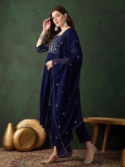 Navy Blue Ethnic Motifs Embroidered A-Line Kurta With Trouser & Dupatta