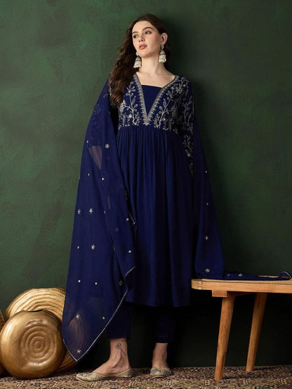 Navy Blue Ethnic Motifs Embroidered A-Line Kurta With Trouser & Dupatta