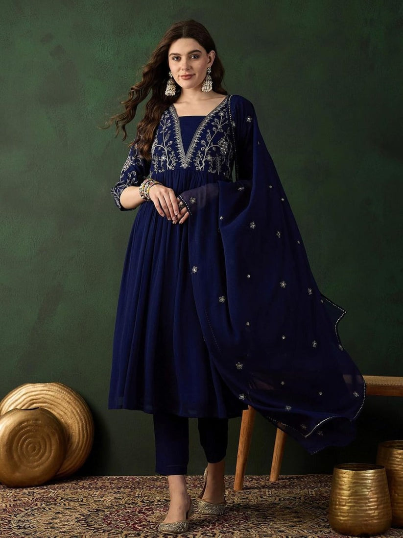 Navy Blue Ethnic Motifs Embroidered A-Line Kurta With Trouser & Dupatta