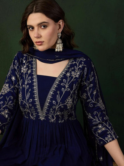 Navy Blue Ethnic Motifs Embroidered A-Line Kurta With Trouser & Dupatta