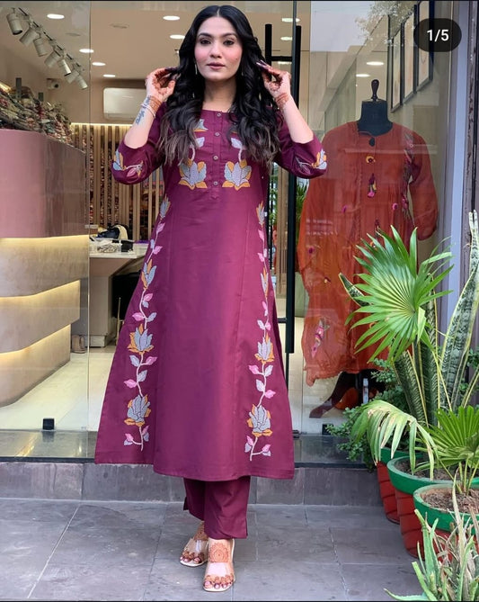 Purple Cotton Flared Women Suit