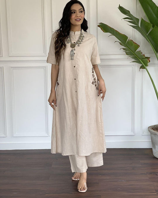 White Cotton A-Line Kurti With Pallazo Set For Women