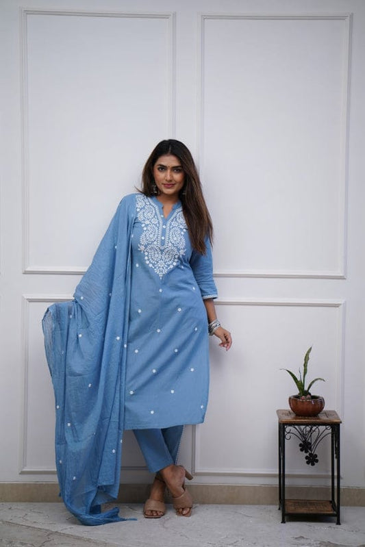 Women Cotton Printed Kurta ,Pant And Dupatta Set (Blue)