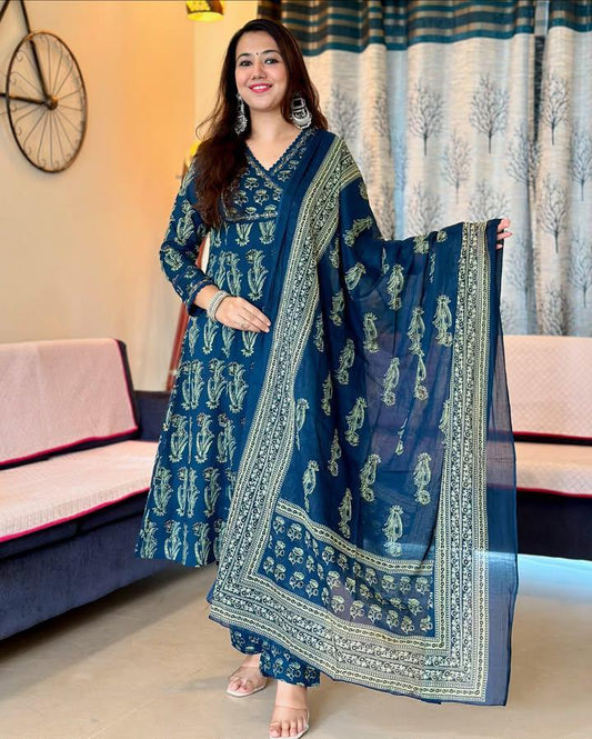 Pure Cotton Kurti With Pant Set For Women (Blue)