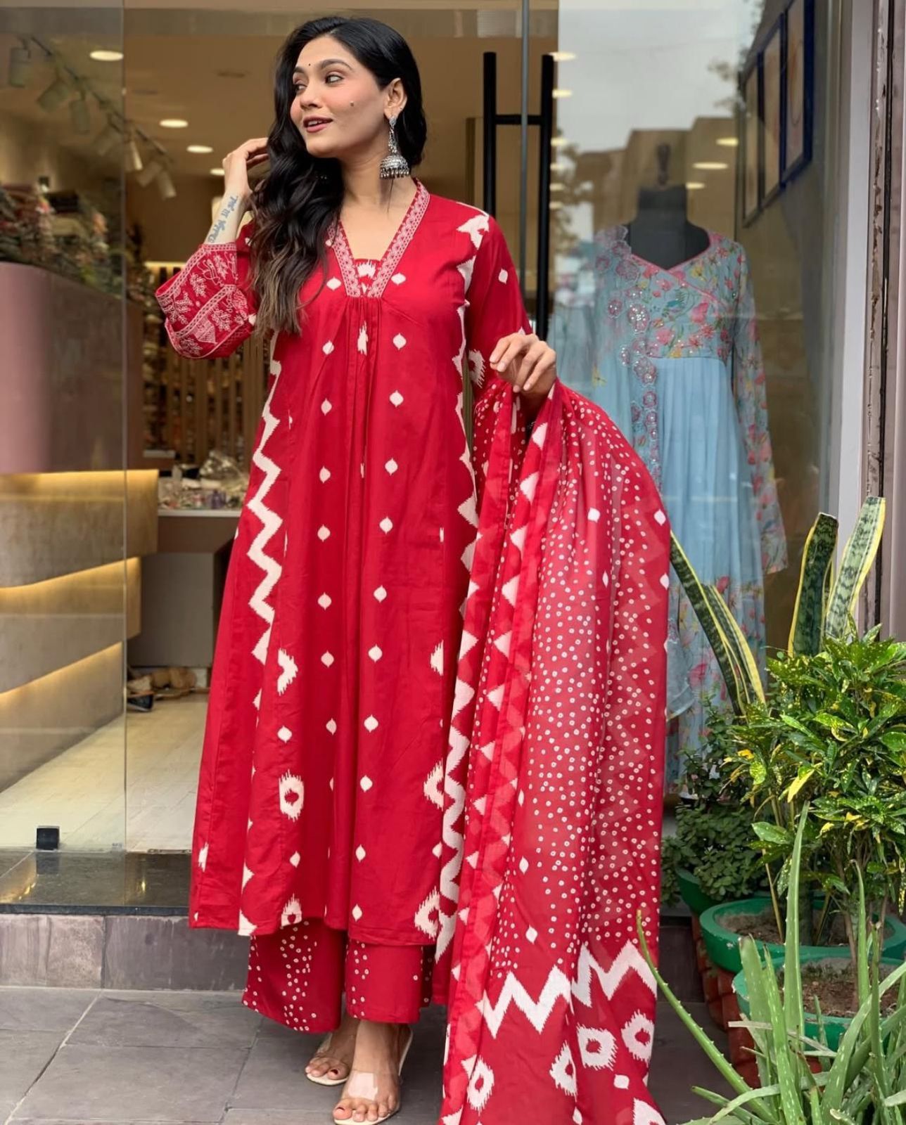 Pure Cotton Fabric Kurti Pant With Malmal Dupatta(RED)