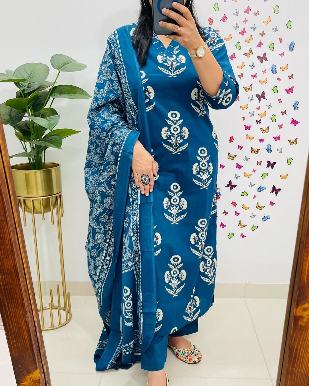 Blue Designer Handblock Print Kurti Pant and Dupatta Set