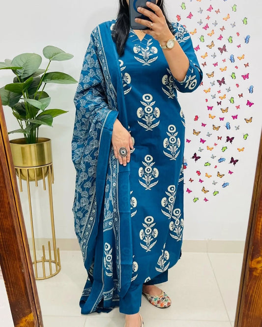 Blue Designer Handblock Print Kurti Pant and Dupatta Set