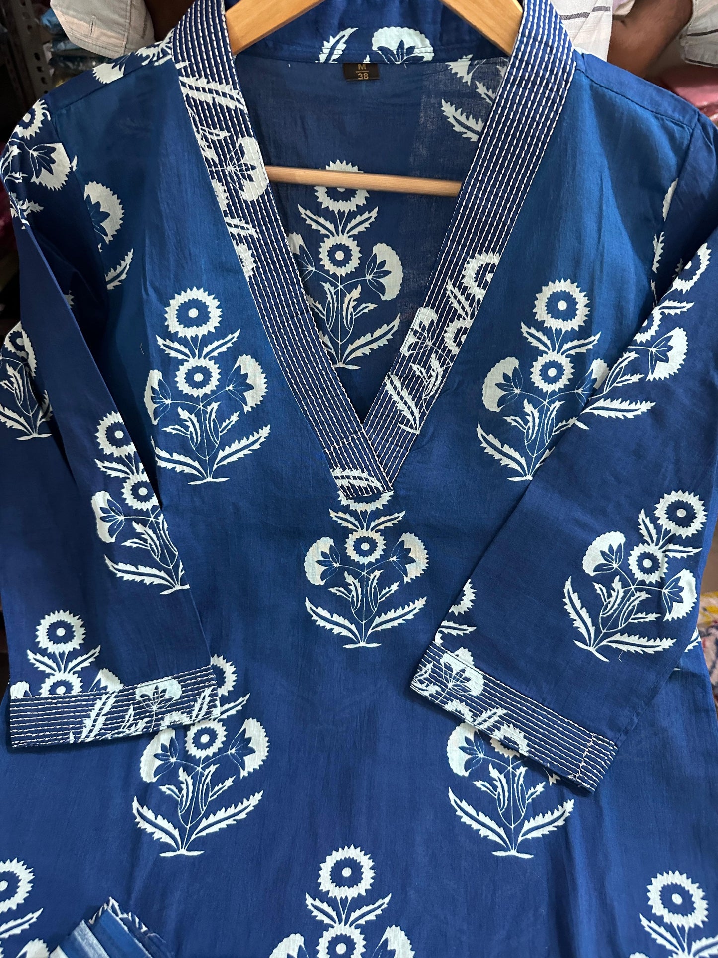 Blue Designer Handblock Print Kurti Pant and Dupatta Set
