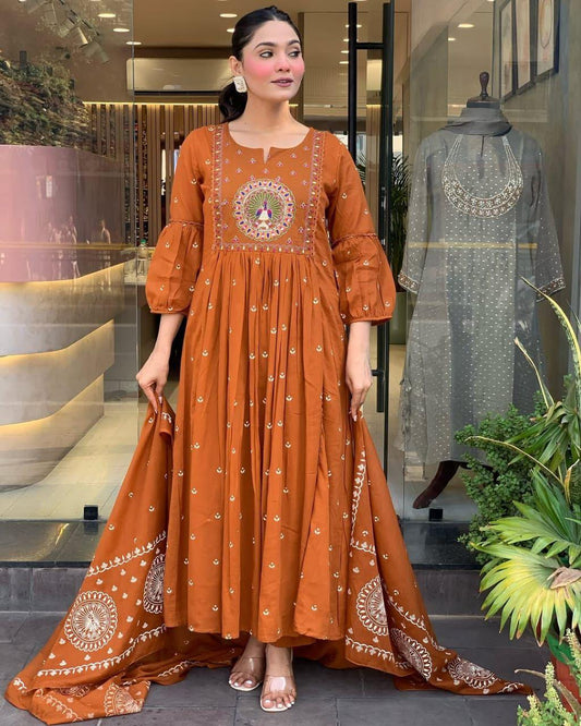 Orange Cotton Kurti Pant Dupatta Set