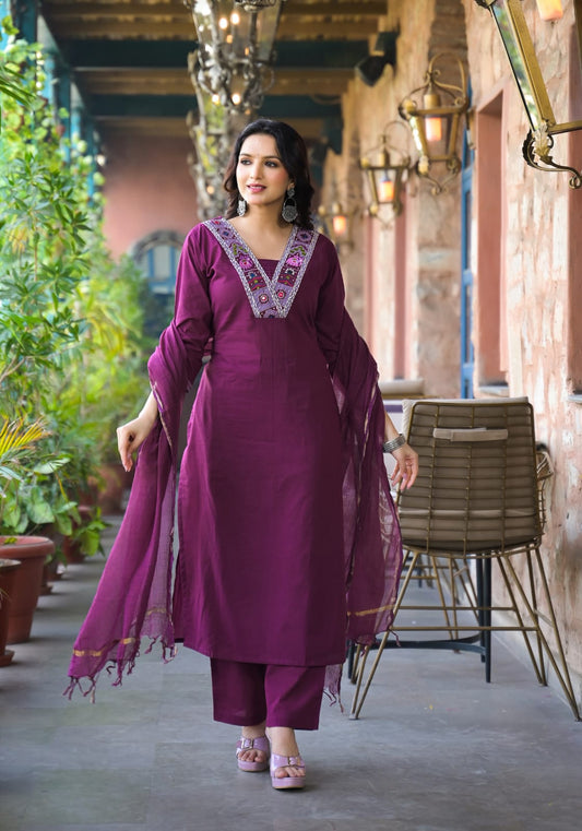 Wine Cotton Kurta Pant and Dupatta Set with Neck Work