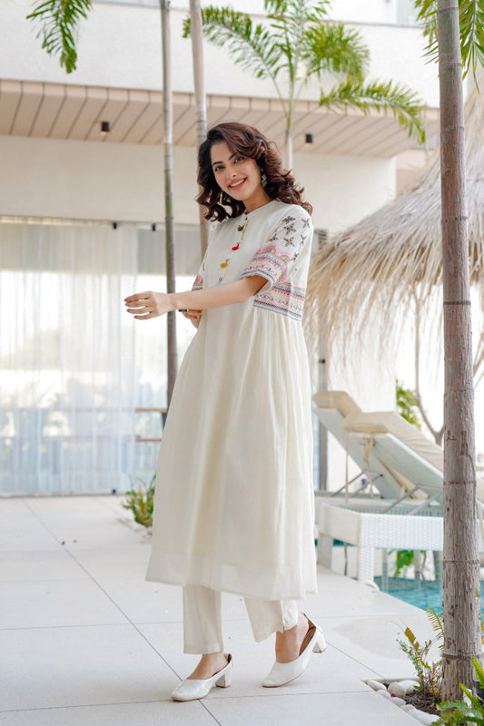 White Embroidered Kurti Pant Set