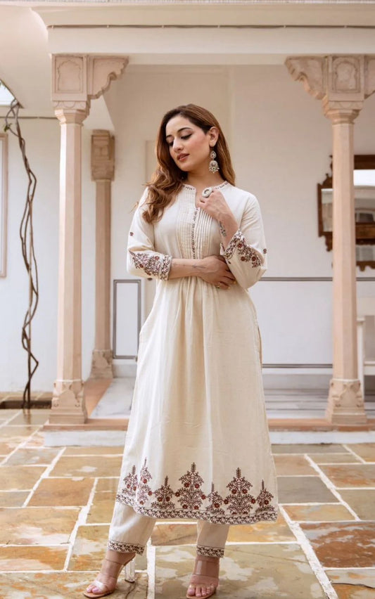 Ceam White Embroidered Kurti Pant Set