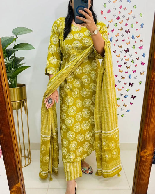 Floral Print Pure Cotton Ethnic Dress With Attached Dupatta (YELLOW)