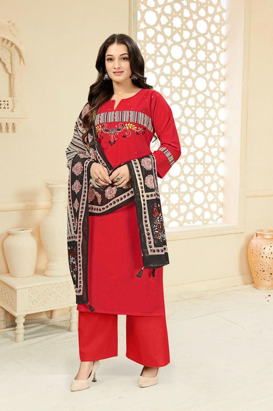 Red Pure Cotton Kurta With Bottom & Dupatta Set