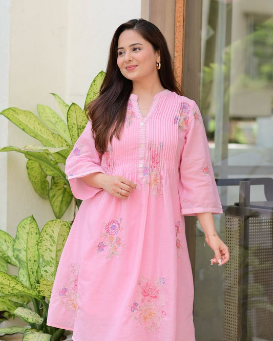 Pink Cotton  Kurti With Pallazo Set For Women