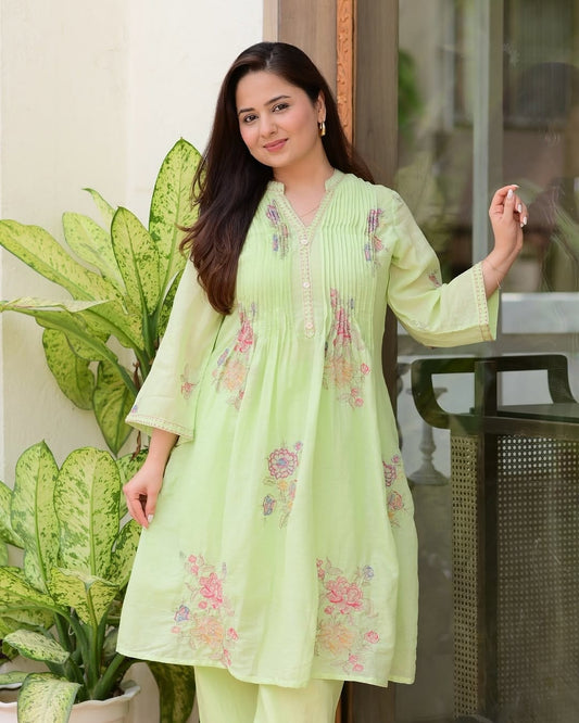 Green Cotton  Kurti With Pallazo Set For Women