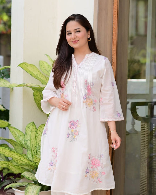 White Cotton  Kurti With Pallazo Set For Women
