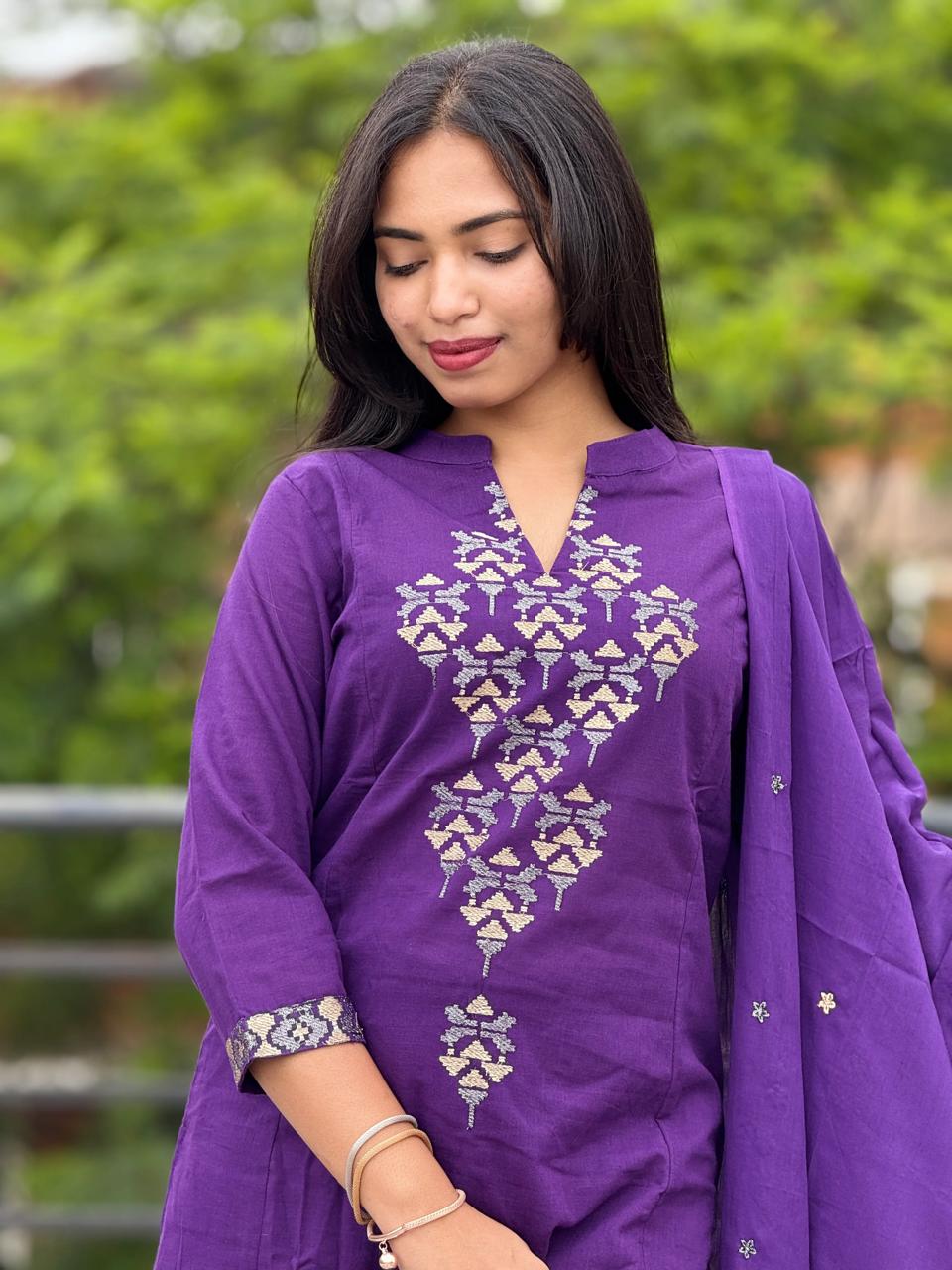 Cotton Embroidered kurta with Pant & Dupatta Set For Women (Pruple)