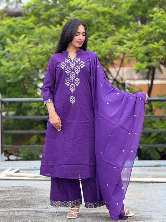 Cotton Embroidered kurta with Pant & Dupatta Set For Women (Pruple)
